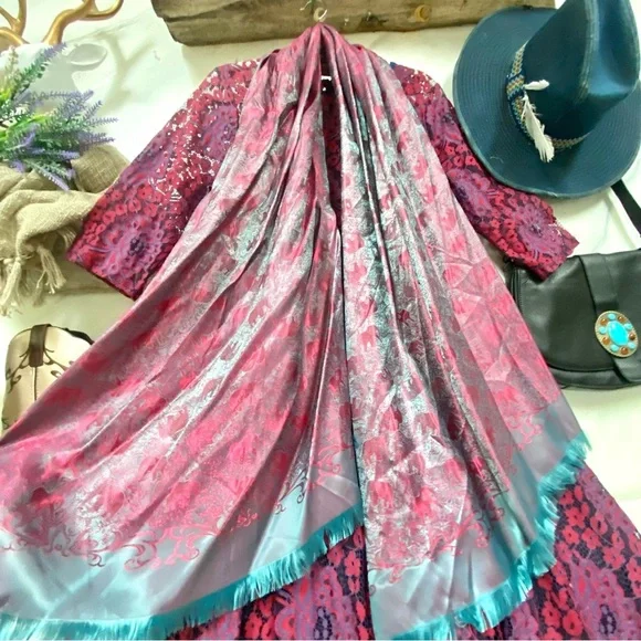 โจ Enchanting SILK Pink and Teal SCARF/body wrap w Gypsy southwestern vibe - Picture 1 of 16